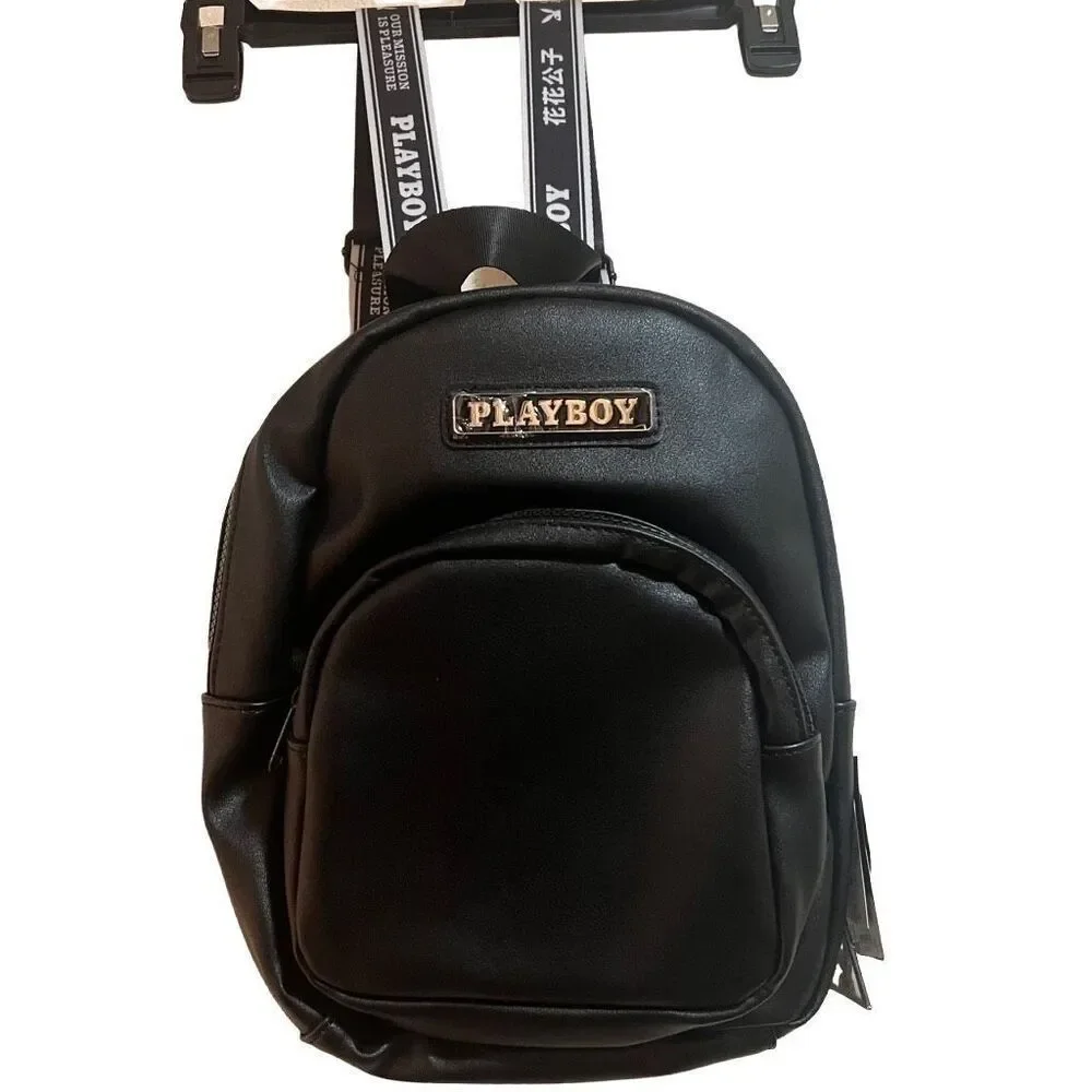 Y2K Playboy bunny logo mini backpack Black vegan leather zipper